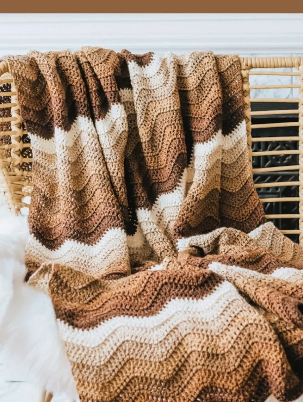 Mocha Ripple Afghan Blanket Boho Cozy Stripe Crochet Throw Blanket Brown Cottage